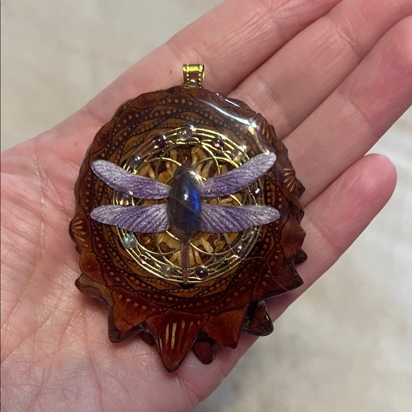 Aura Pinecone Third Eye Pendant Blue Flash Labradorite Dragonfly Flower of Life
